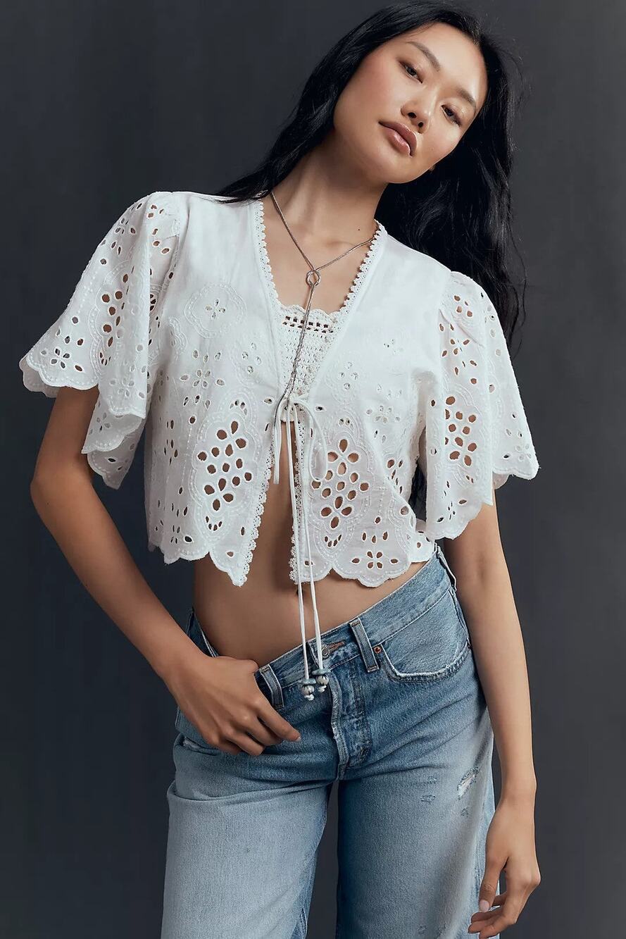 Maeve Tiefront Eyelet Cropped Blouse - One Size